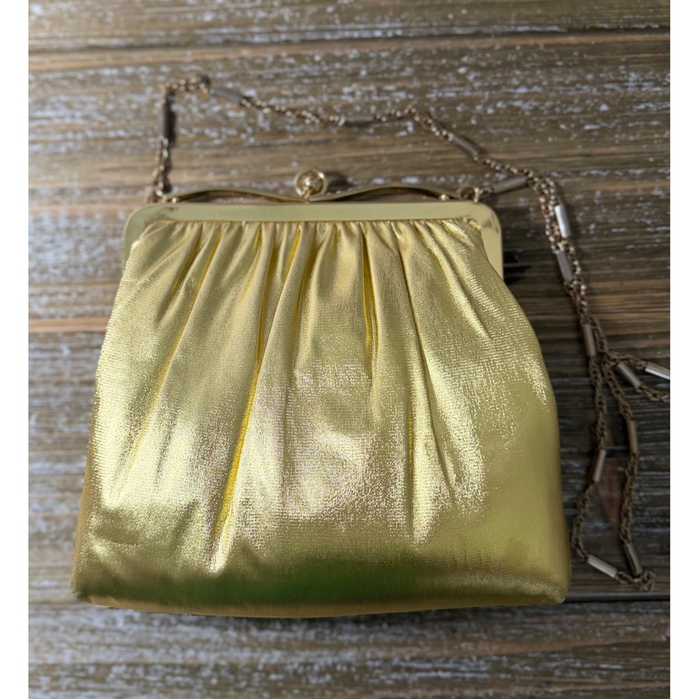 Vintage HL USA Gold Metallic Evening Bag Rhinestone Frame Kiss Lock Clutch Chain - Picture 1 of 8